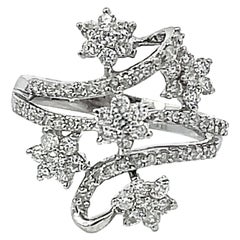 Diamond Row and Diamond Flower Wide Ring in 14k White Gold