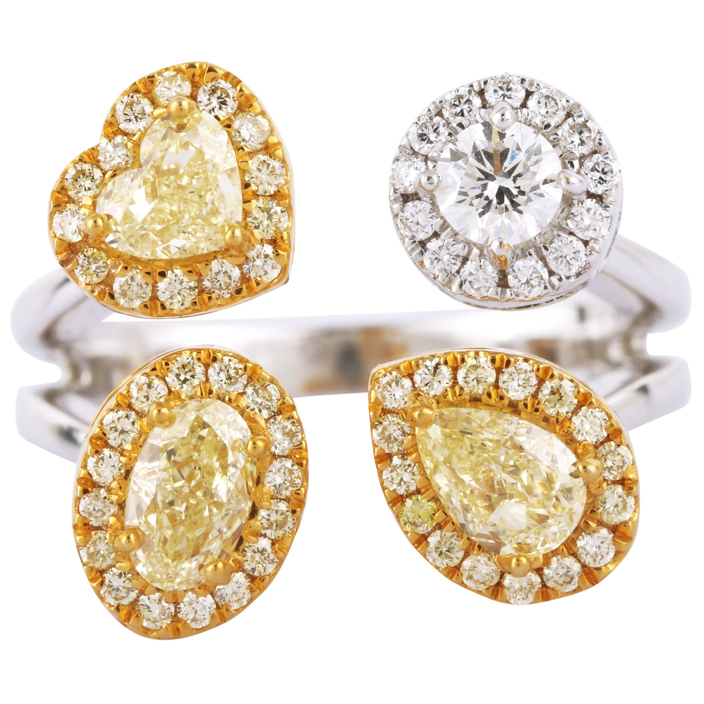 18 Karat Gold 1.73 Carat White and Fancy Yellow Diamond Cocktail Ring For Sale