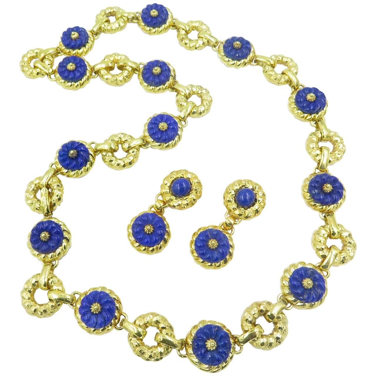 Trio Yellow Gold and Lapis Lazuli Necklace and Matching Earrings