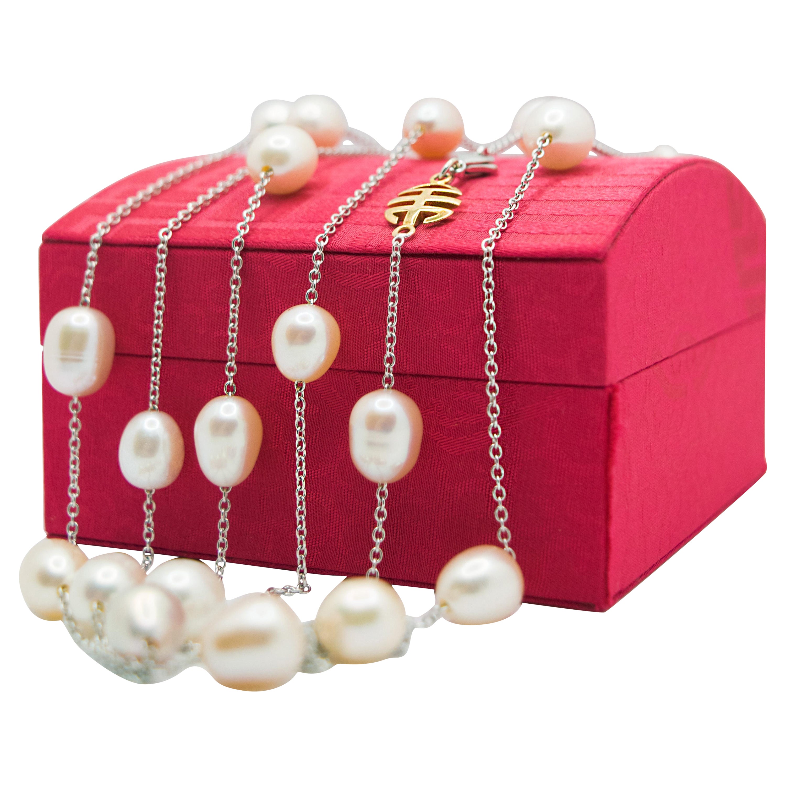 Weißgold und rosa Perlen, weiße Perlen und gelbe Perlen Lange Halskette im Angebot