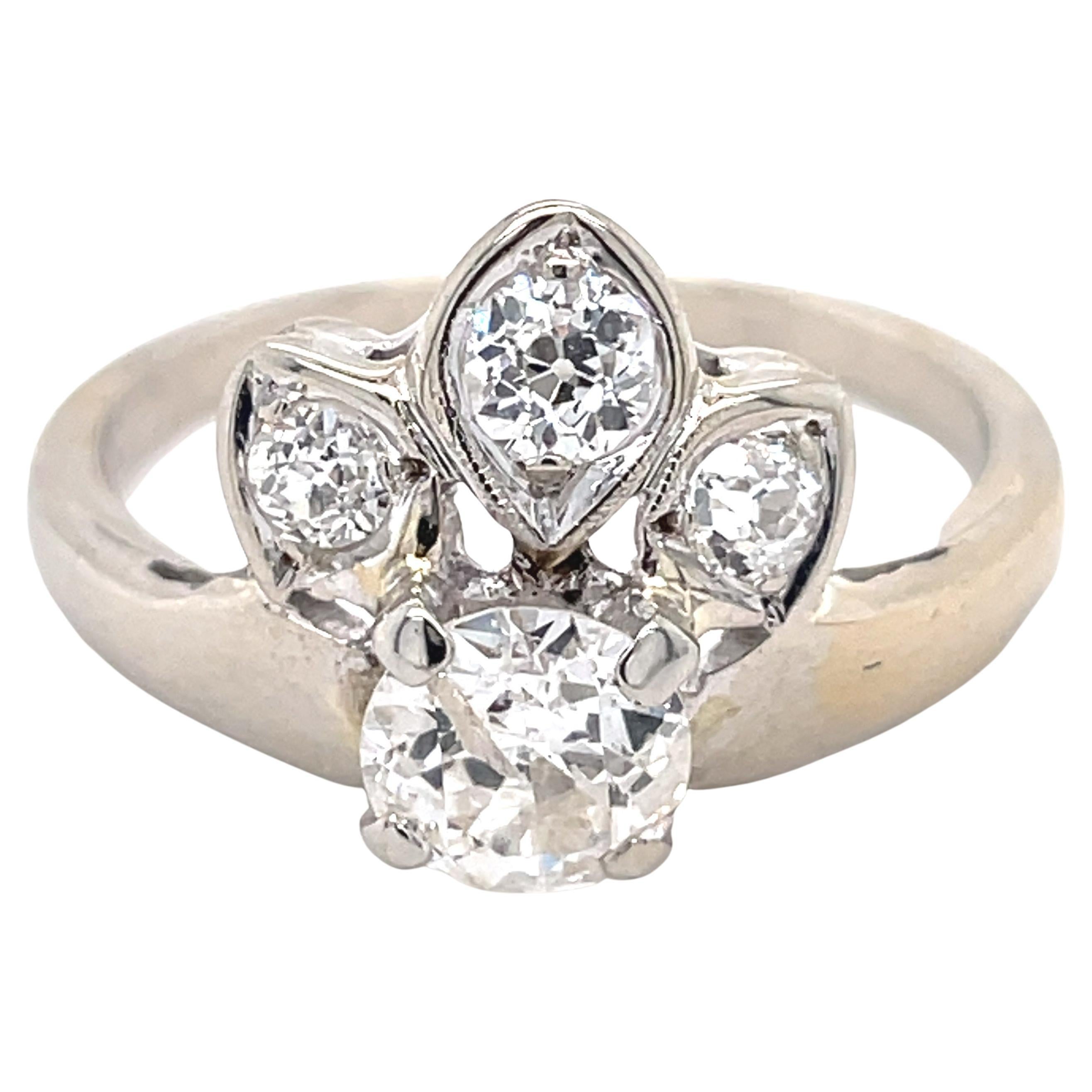 Vintage Engagement Ring - 1CT Old European Natural Diamonds, 14k White Gold For Sale