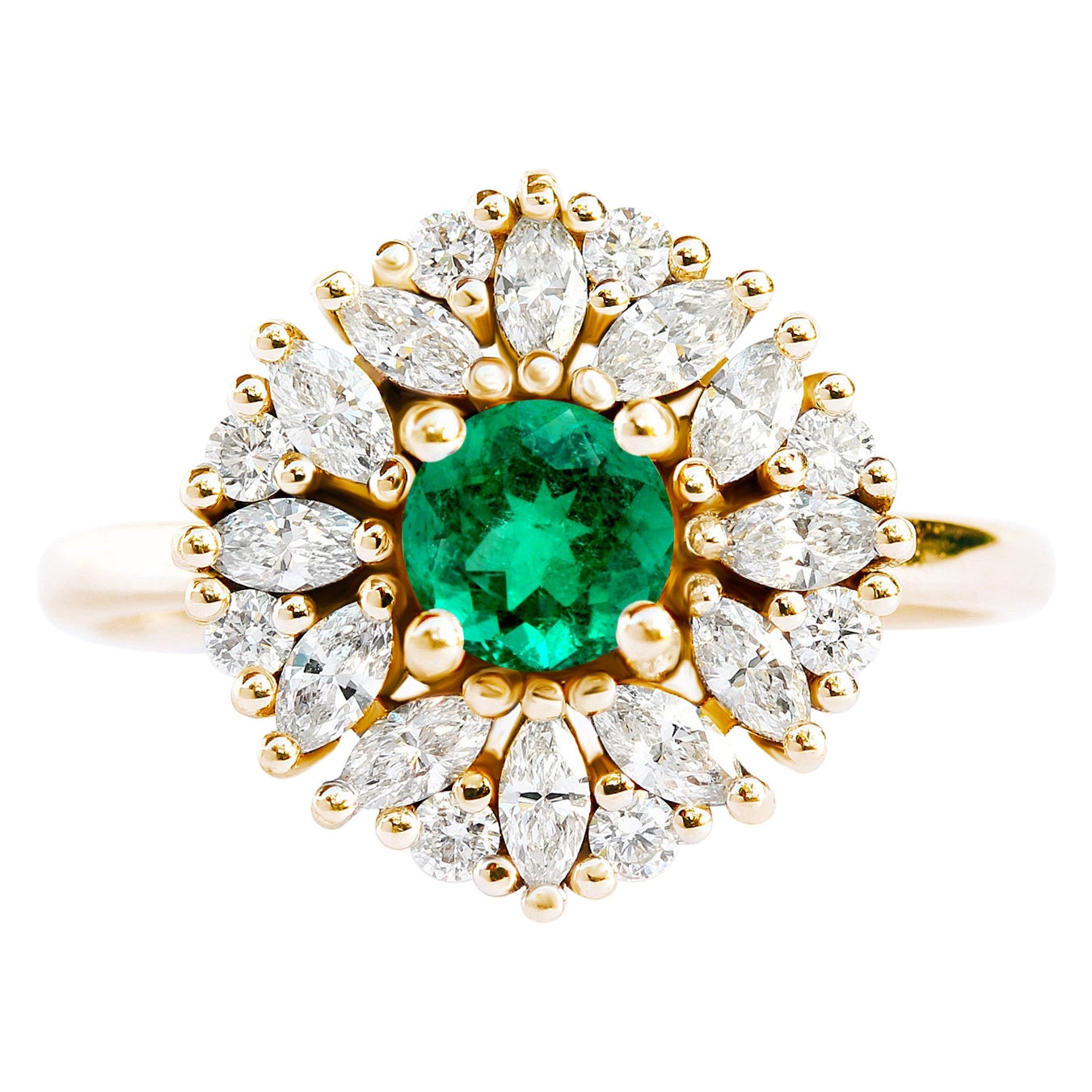 Ballerina Round Cut Emerald Unique Art Deco Engagement Ring, Harper For Sale