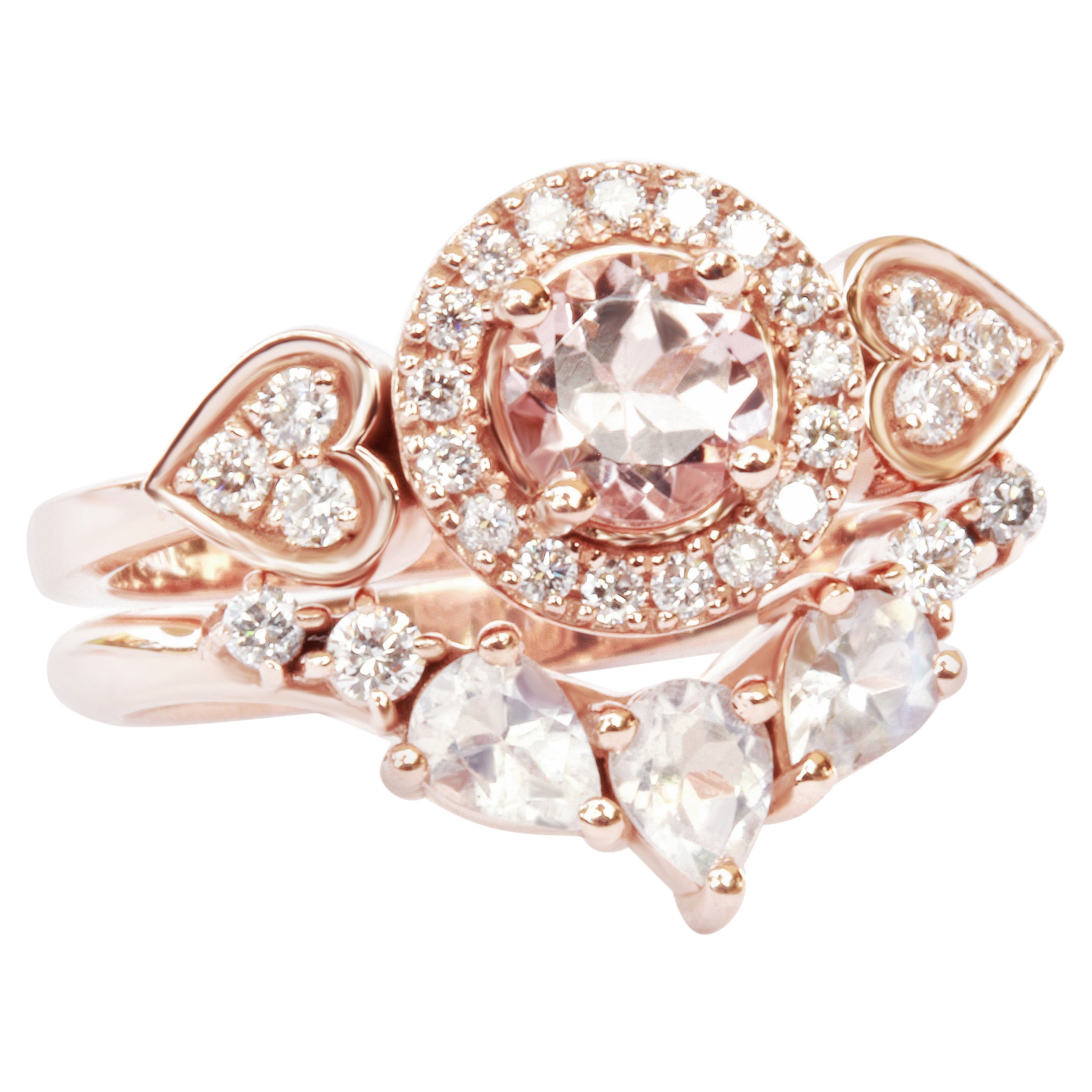 Morganite, Moonstone & Diamonds, Engagement Two Ring set, Sugar Rose + Gaia For Sale