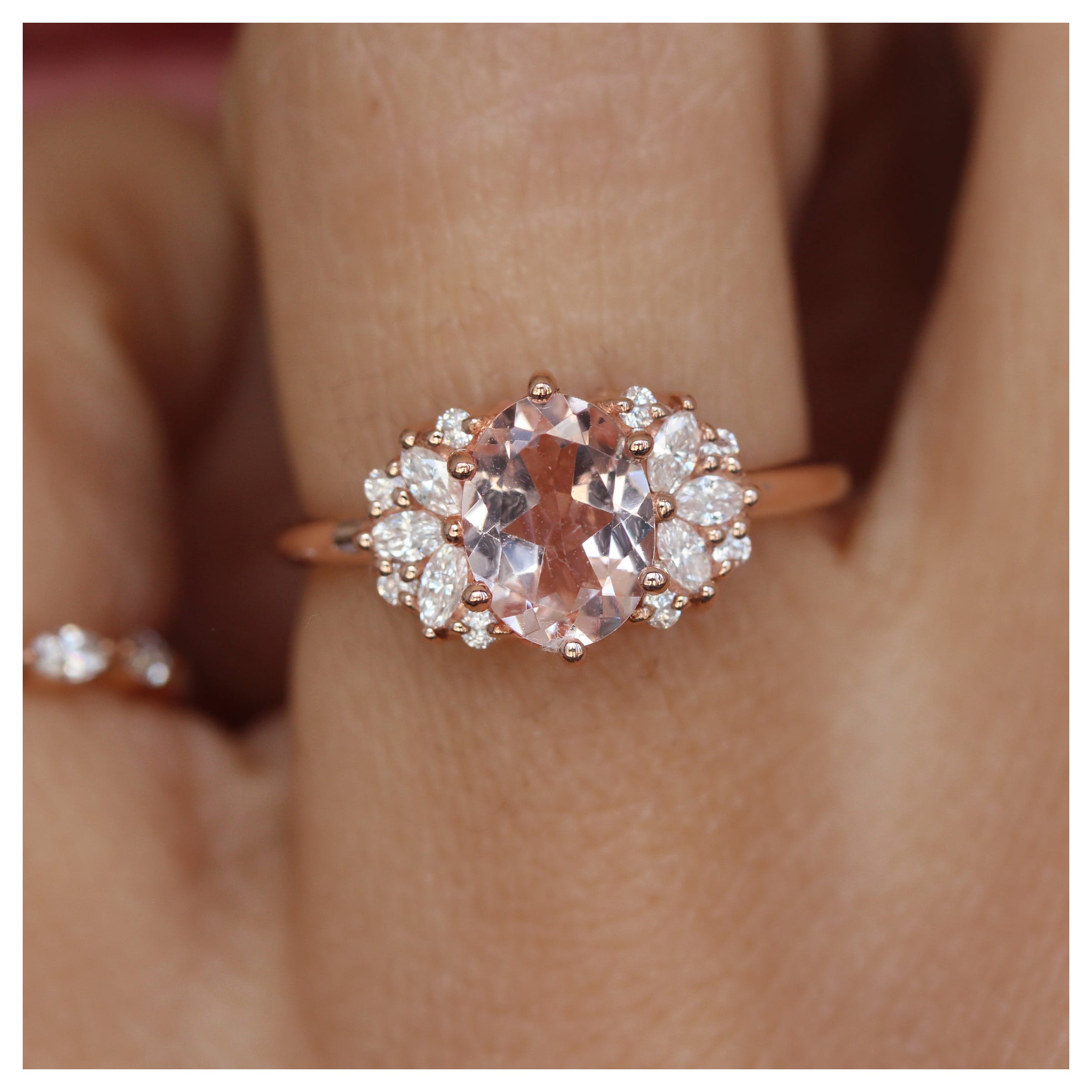 Oval Morganite and Marquise Diamonds Dainty Engagement Ring, 'Rosalia' For Sale