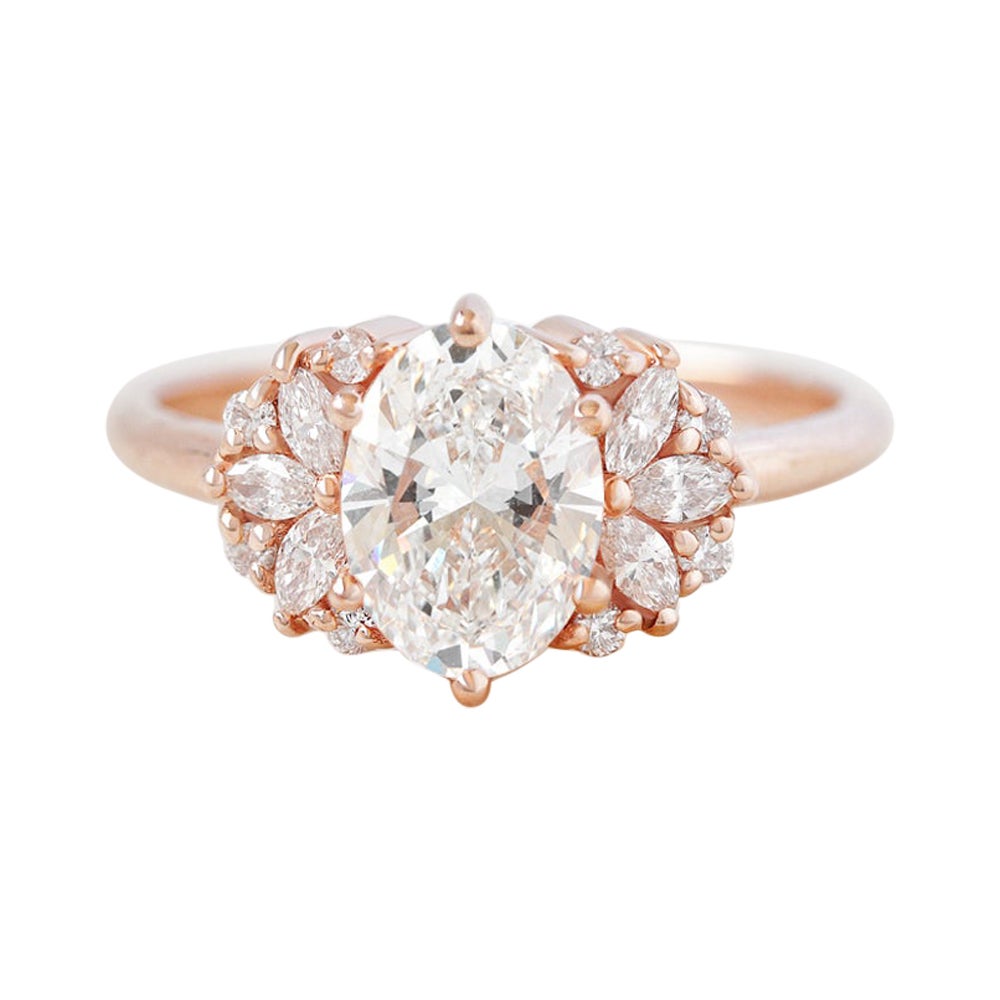 Oval Moissanite and Marquise Diamonds Engagement Ring, Alternative Bride Rosalia