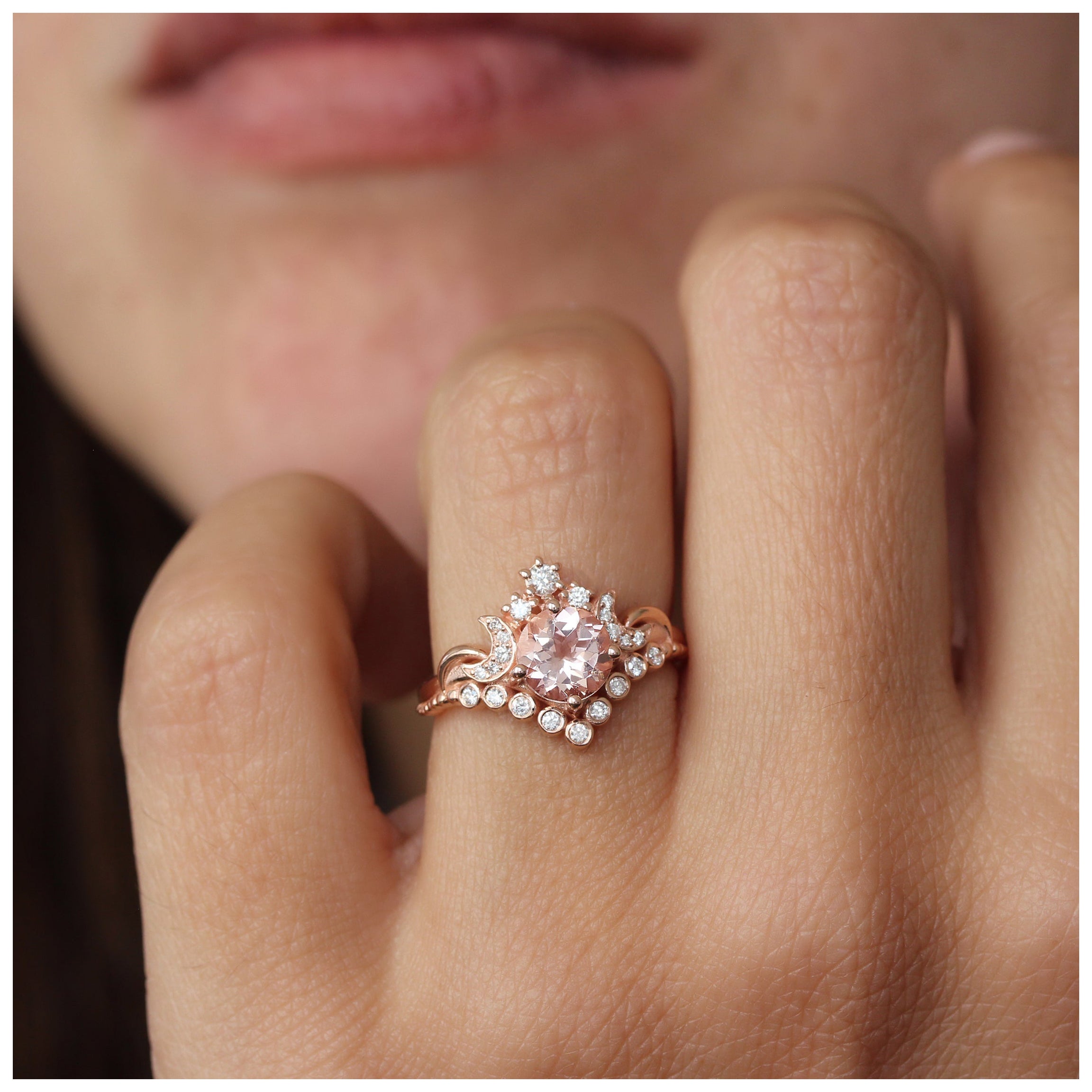Round Morganite Moons and Stars Celestial Unique Engagement Ring, "Moonlight" For Sale