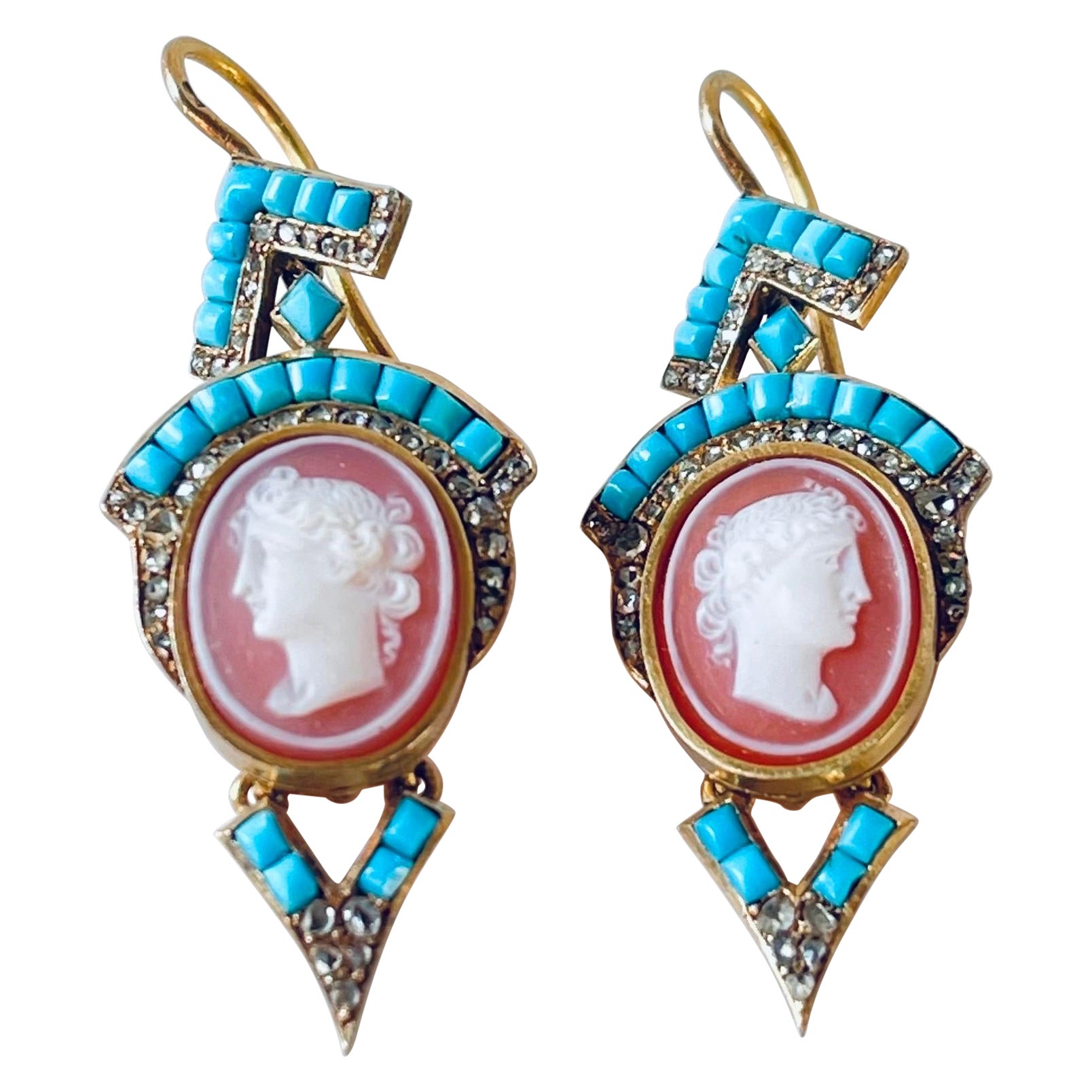 Antique French 18K Gold Diamond Turquoise Cameo Long Pendant Earrings C 1880 For Sale