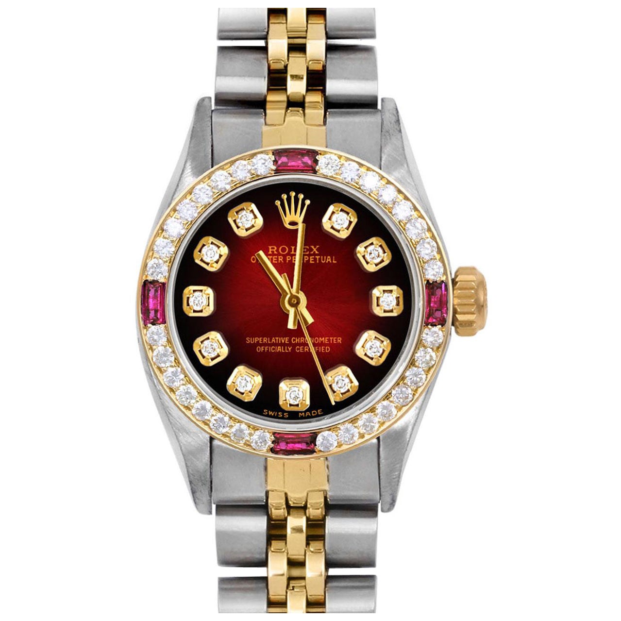 Rolex Montre Oyster Perpetual rouge avec cadran en diamants et lunette en rubis et diamants, pour femmes en vente