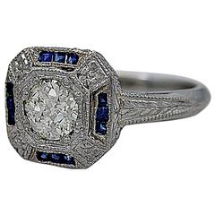 Art Deco .61 Carat Diamond Sapphire Platinum Engagement Ring