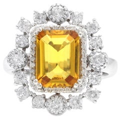 4.10 Ct Exquisite Natural Yellow Sapphire and Diamond 14K Solid White Gold Ring