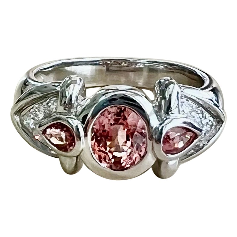 Gems Are Forever Padparadscha and Diamond Ring 18k White Gold For Sale