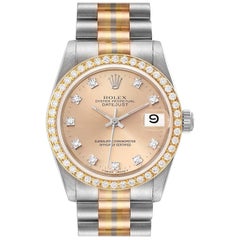 Rolex President Tridor Midsize White Yellow Rose Gold Diamond Ladies Watch 68289