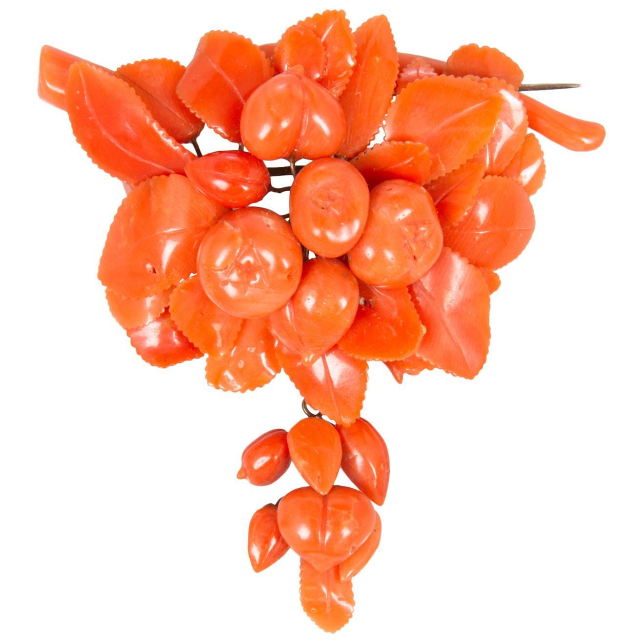 Victorian Coral Brooch with a Carved Floral Motif
