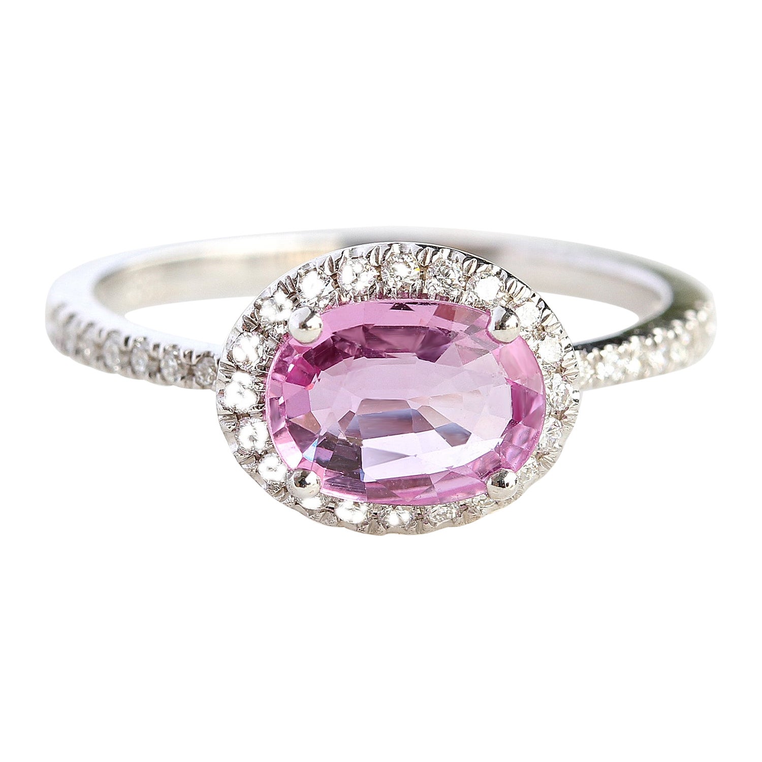 Oval Pink Sapphire Diamond Halo Unique East West Blushed Engagement Ring Ivy For Sale