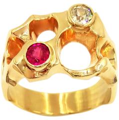 Vintage Space Nugget Style Mens European Cut Ruby  Diamond Ring