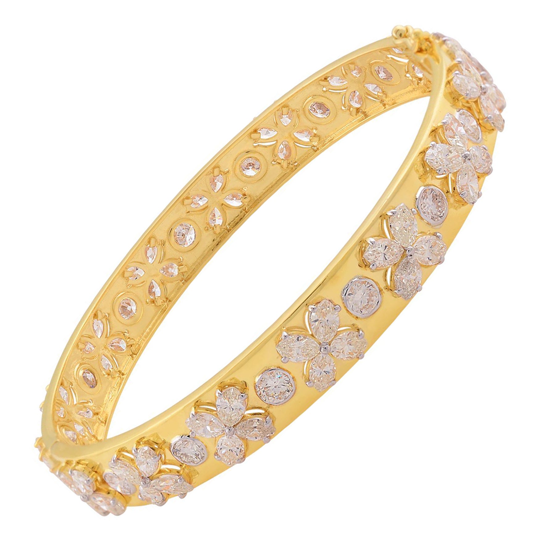 Marquise & Round Diamond Bangle Bracelet 14 Karat Yellow Gold Handmade Jewelry For Sale