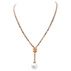 Retro South-Sea Pearl, Multicolor Sapphires, Diamonds, 14 Kt Rose Gold Retrò Necklace.
