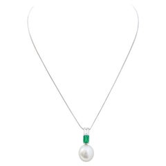 Vintage Pearl, Emerald, Diamonds, 18 Karat White Gold Pendant Necklace.