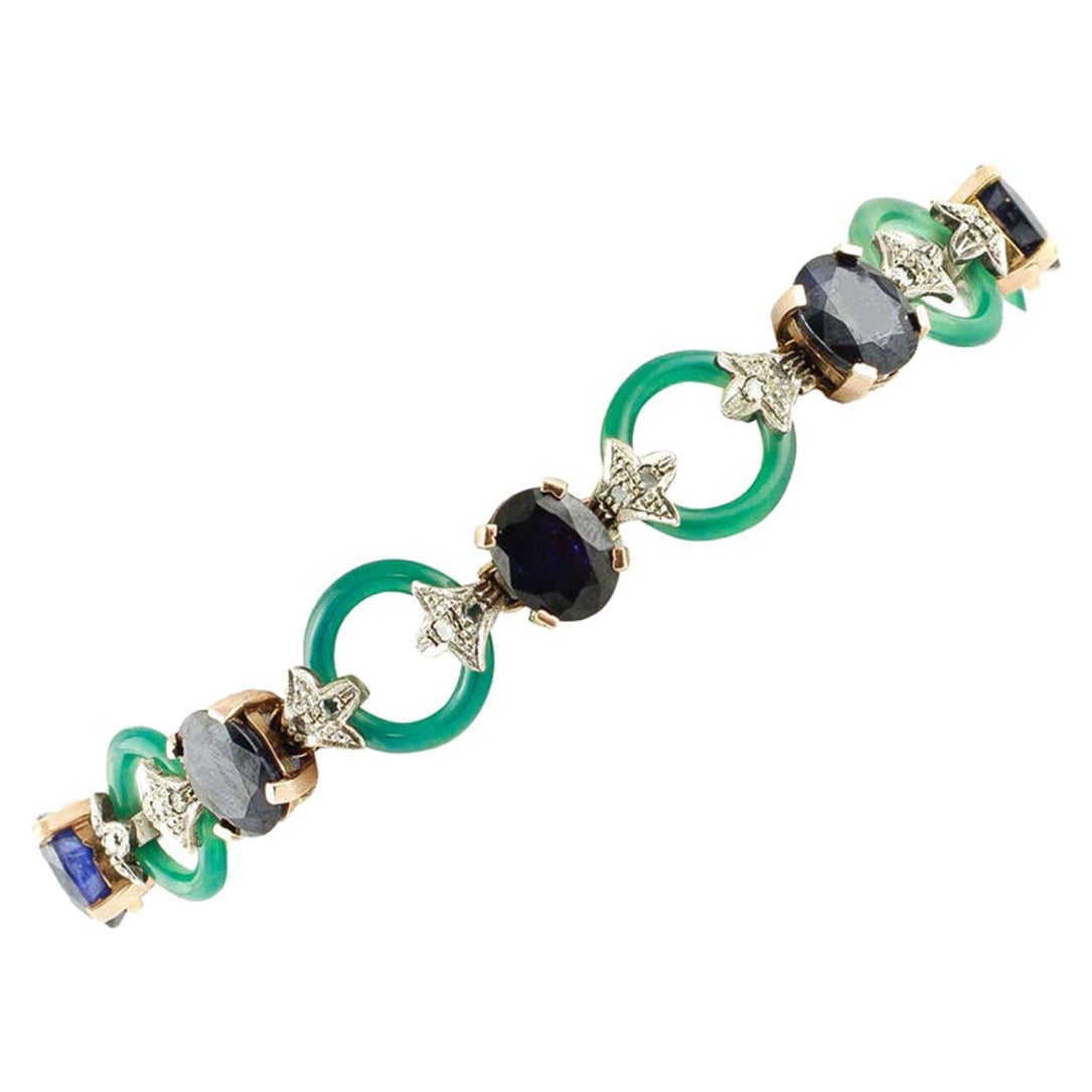 Diamonds, Sapphires, Green Agate, Rose Gold and Silver Link Bracelet. For Sale