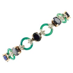 Diamonds, Sapphires, Green Agate, Rose Gold and Silver Link Bracelet.