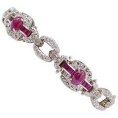 Vintage Rubies, Diamonds, 14 Karat Rose Gold and Silver Bracelet.