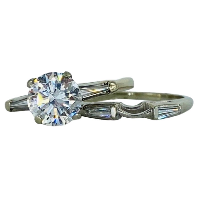 Vintage 1.28 Carat D/I1 Round Diamond Engagement Ring Set 14k White Gold For Sale