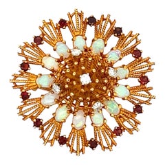 La Triomphe Diamond Opal Ruby 18 Karat Yellow Gold Starburst Pin Brooch Vintage