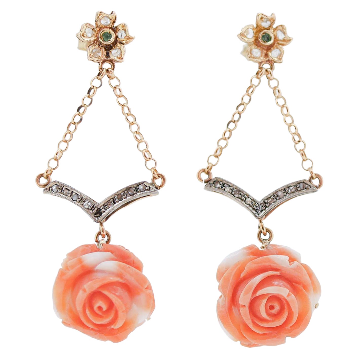 Coral, Tsavorite, Diamonds, 14 Karat Rose Gold and Silver Dangle Earrings. For Sale