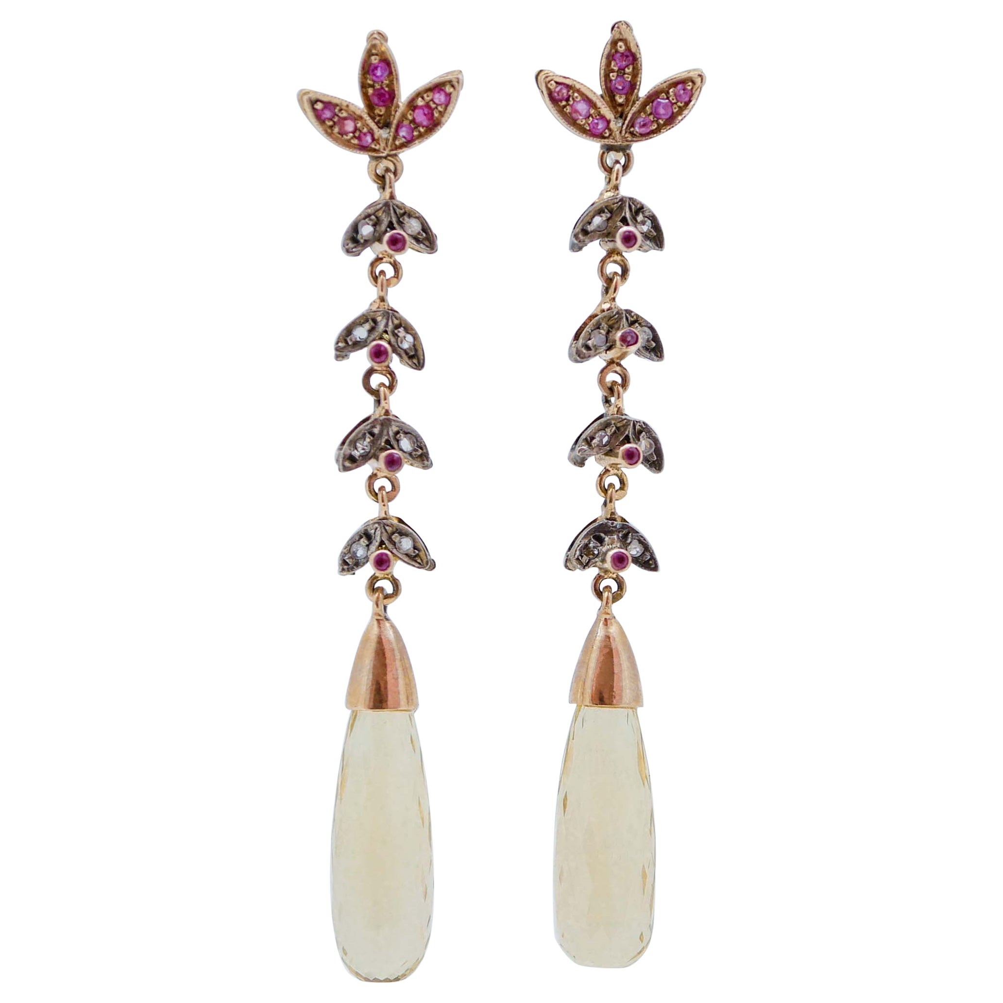 Topazs, Rubies, Diamonds, Rose Gold and Silver Earrings.