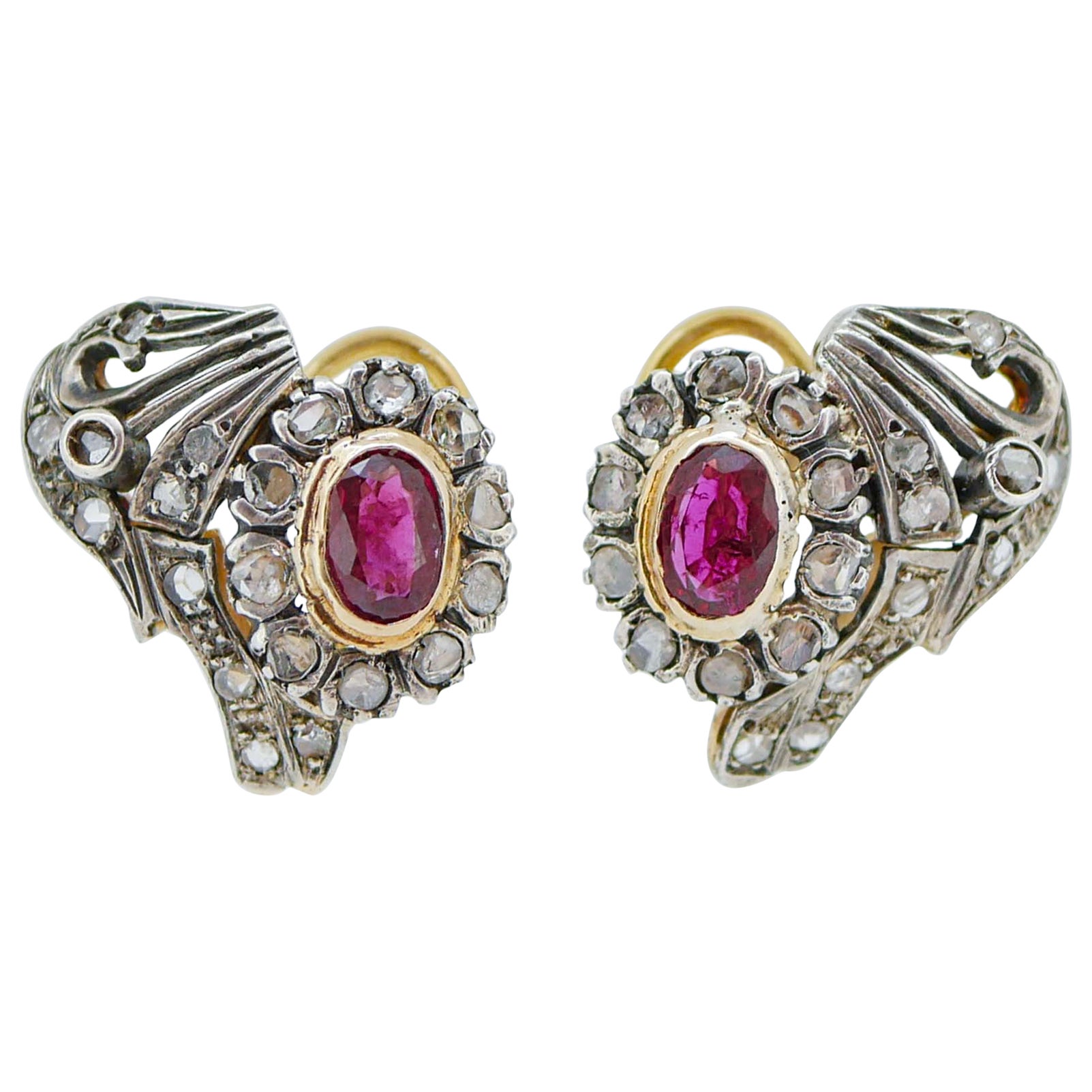 Rubies, Diamonds, 18 Karat Rose Gold and Silver Earrings. For Sale