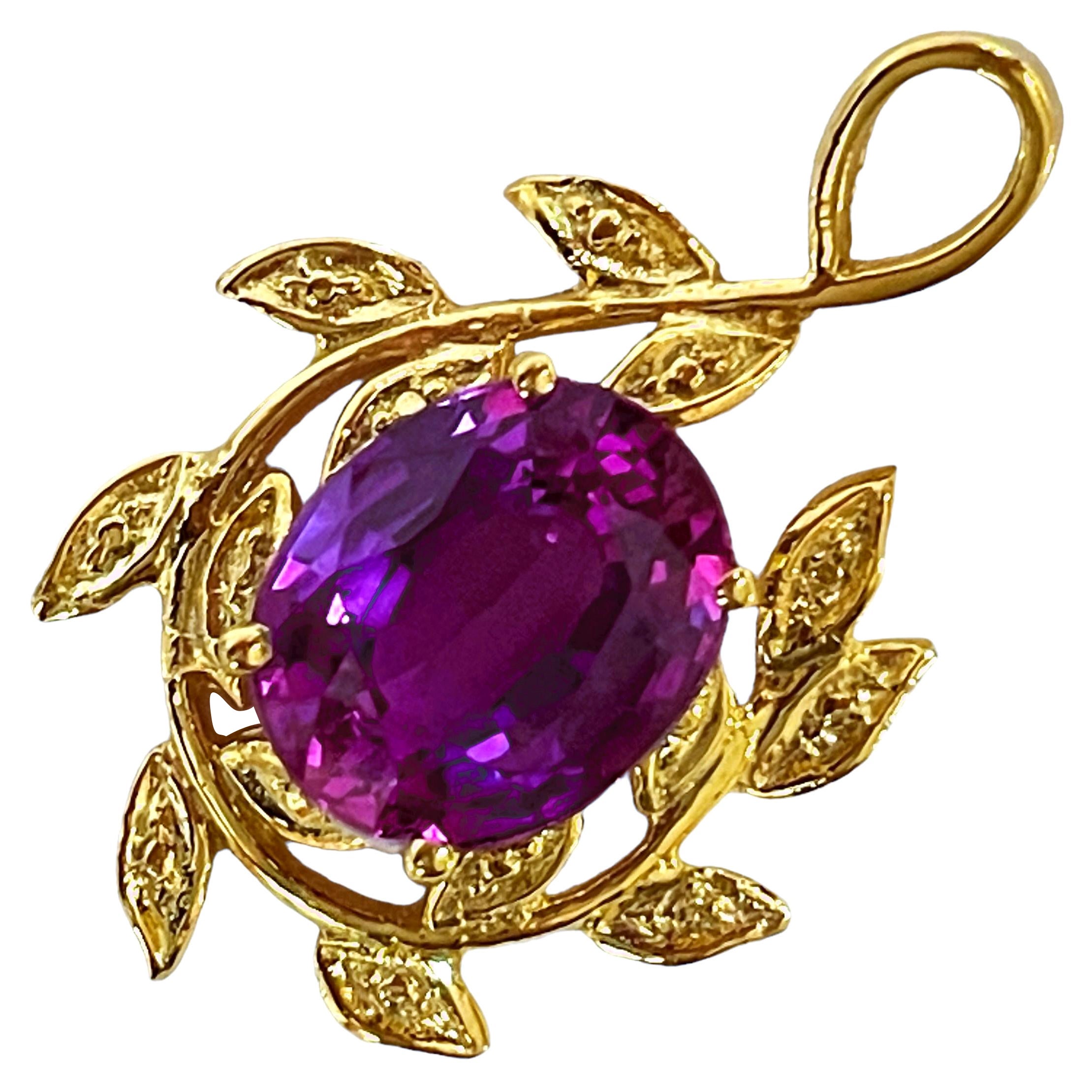 New African IF 5.20ct Pink Purple Sapphire Yellow Gold Plated Sterling Pendant For Sale