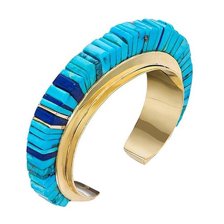 Charles Loloma Turquoise, Lapis Lazuli, and Gold Cuff Bracelet, circa 1975