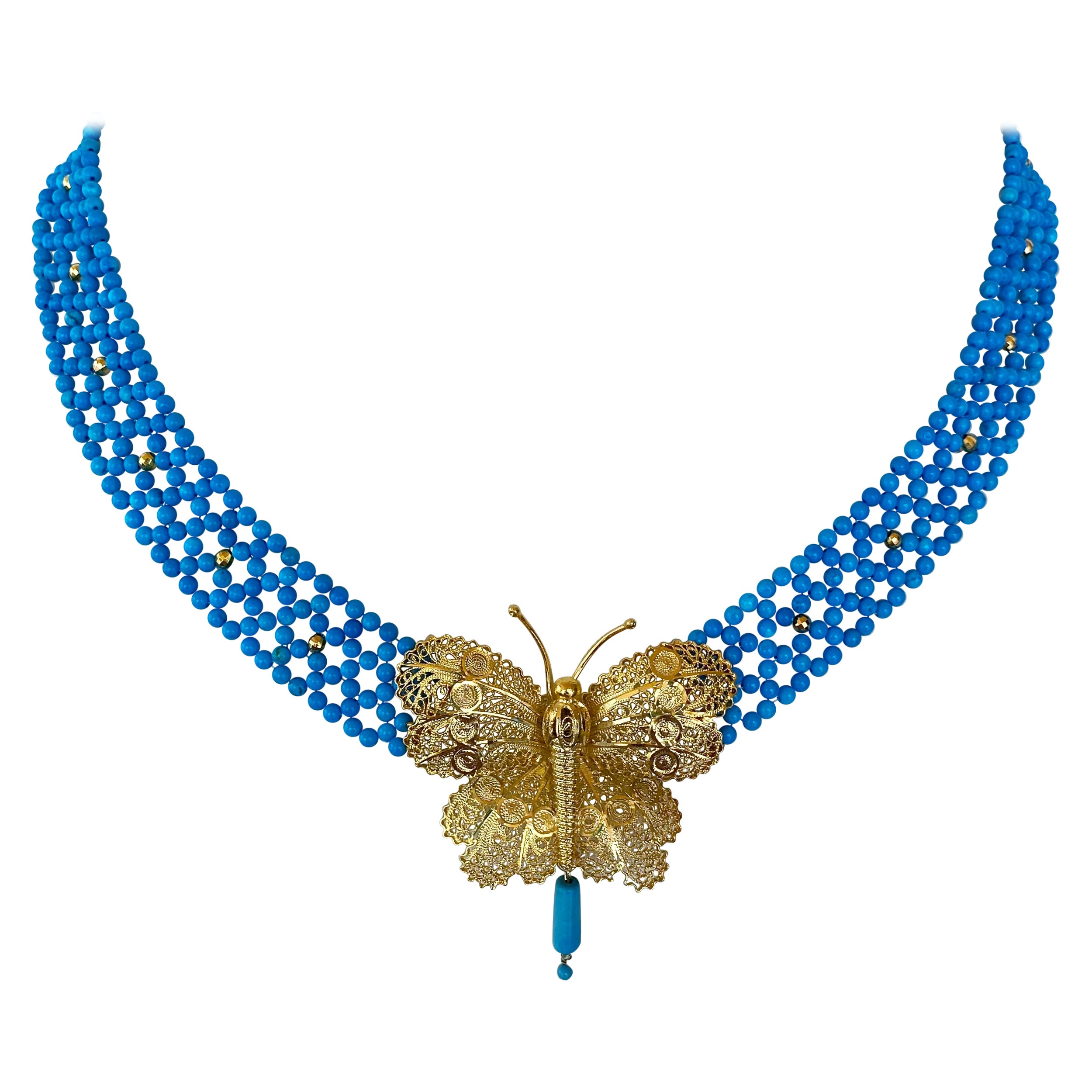 Marina J. Turquoise Woven Necklace with Yellow Gold Butterfly Centerpiece For Sale