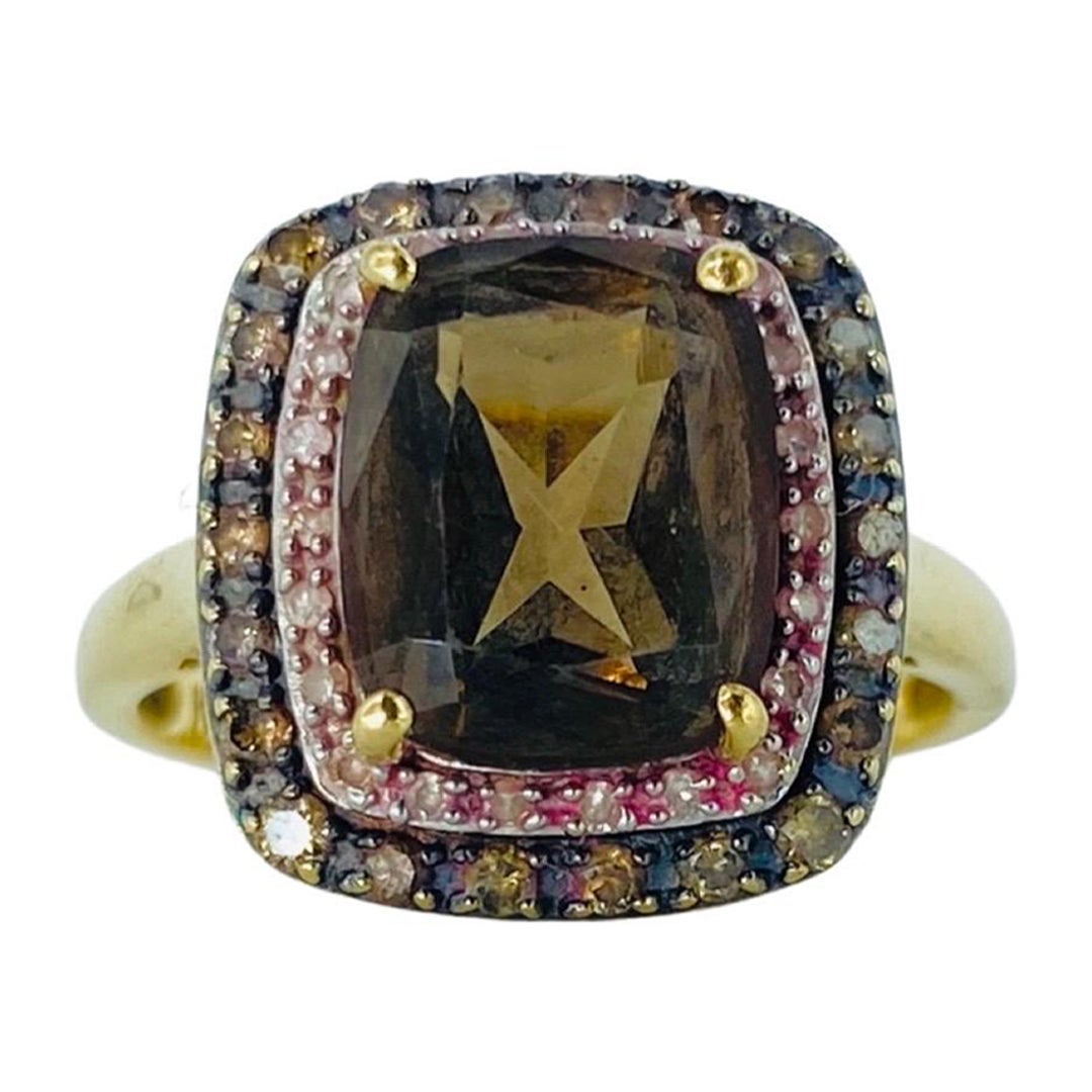 Vintage 5.75tcw Smokey Quartz Diamonds Cluster Cocktail Ring 14k Gold For Sale