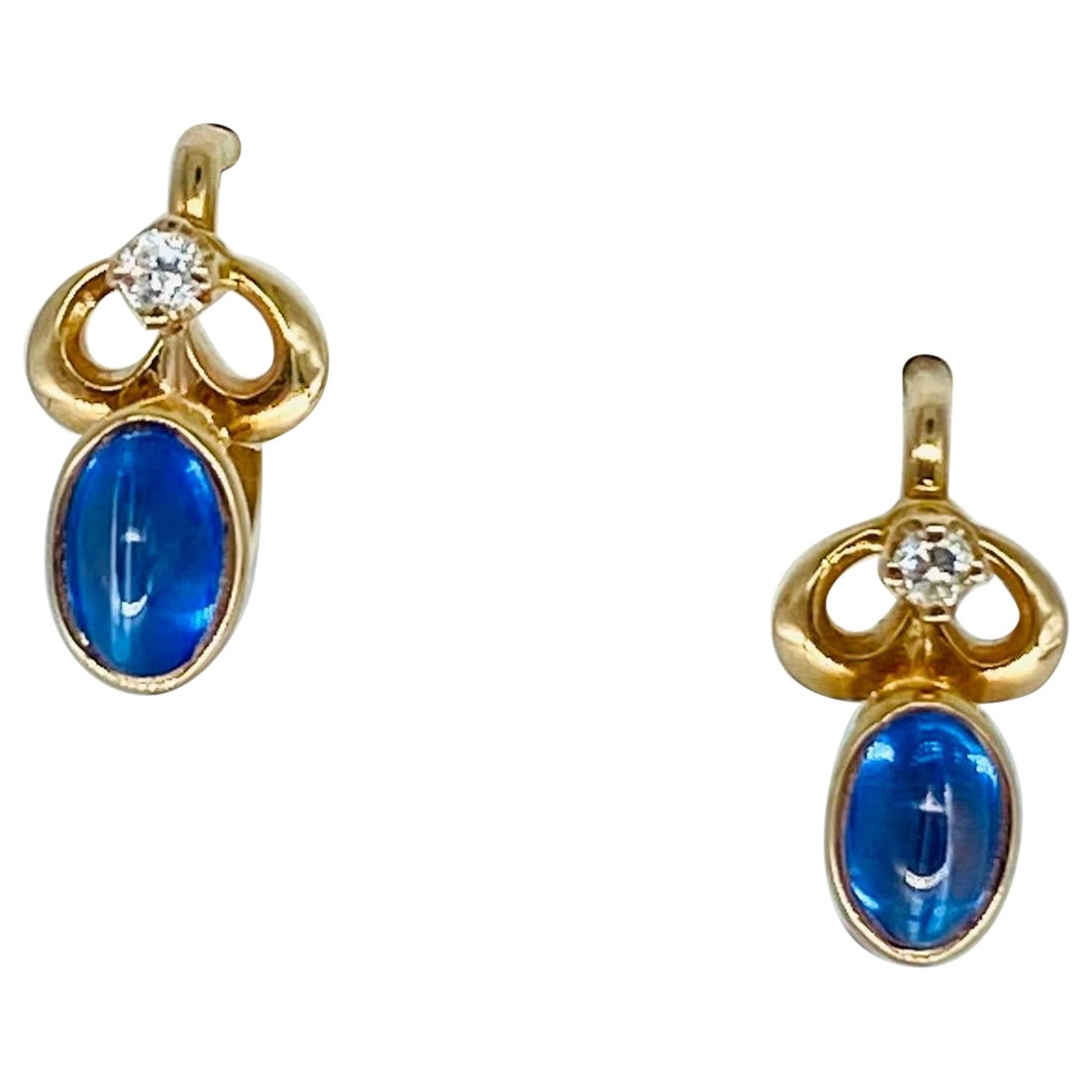 Retro 1.56 Carats Blue Sapphire Cabochon Bezel Set Earrings Russian Gold 14k