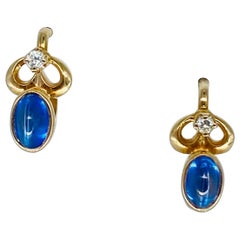Vintage 1.56 Carats Blue Sapphire Cabochon Bezel Set Earrings Russian Gold 14k