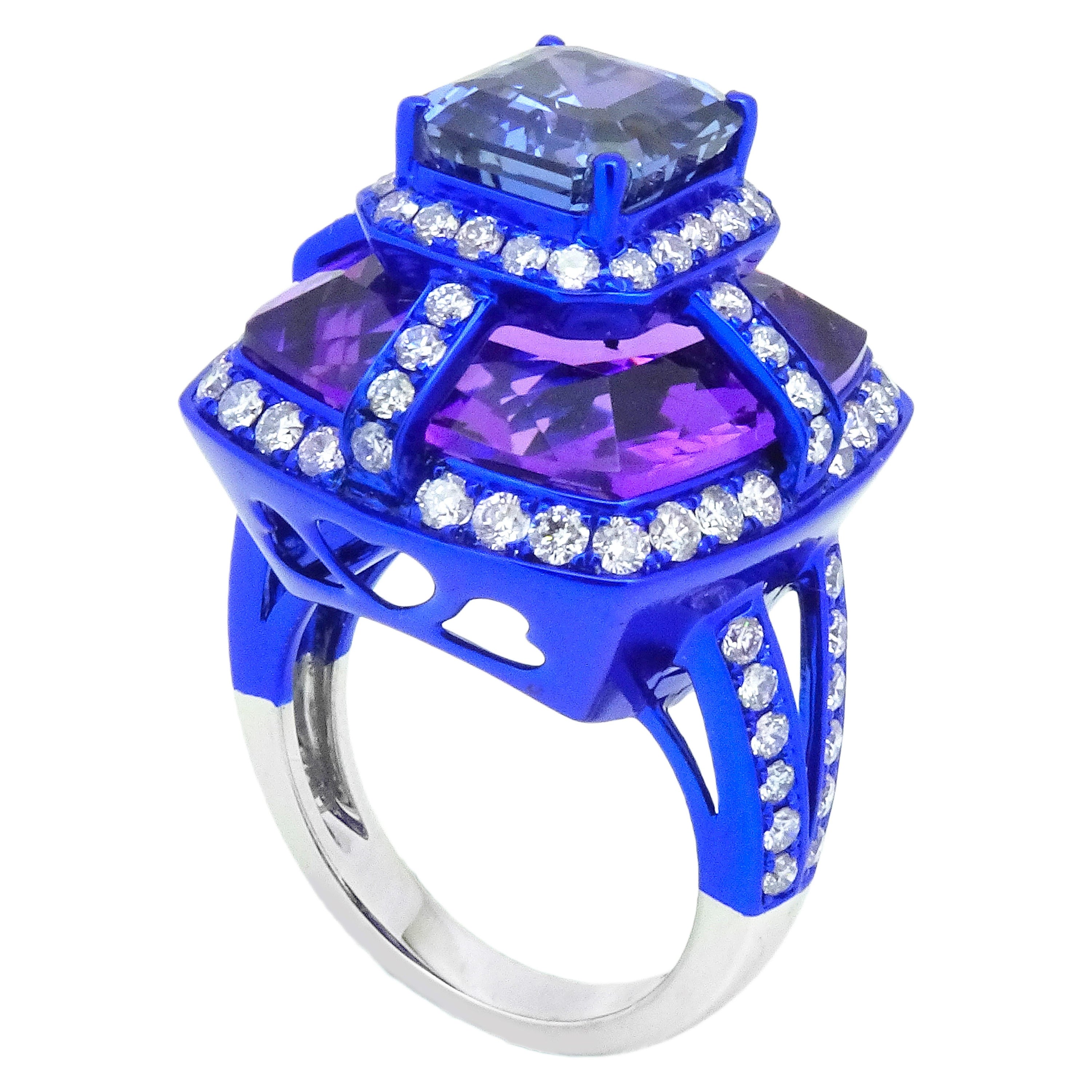 4.32 Carat Blue Sapphire, Amethyst & Diamond Ring, 18K Gold, Austy Lee