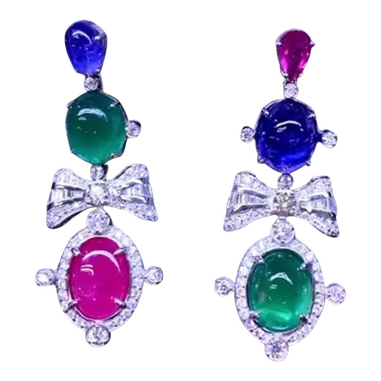 AIG Certified 49.90 Ct Emeralds Ruby Tanzanites Tourmaline Diamonds Earrings