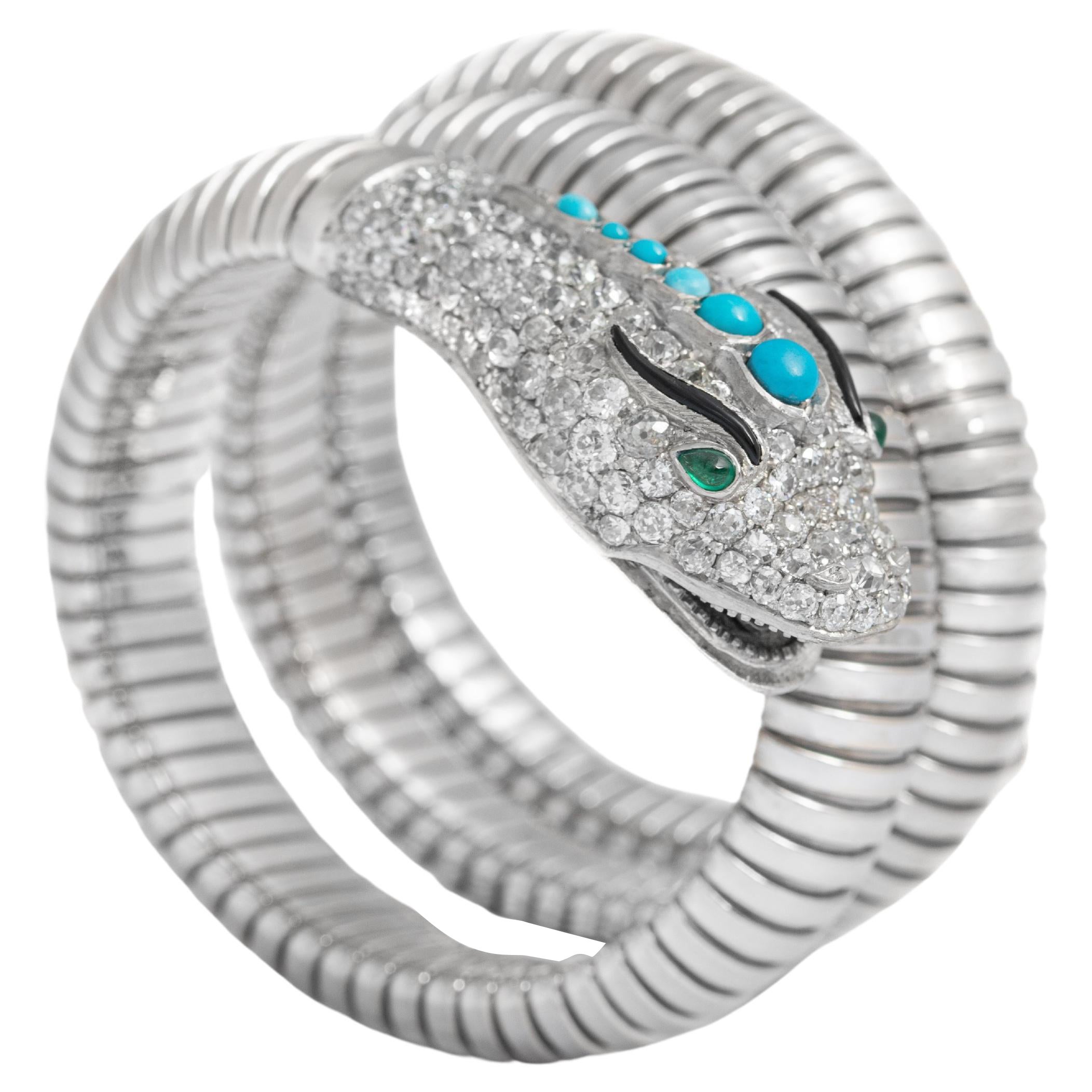 Dragon Snake Turquoise Diamond Onyx Emerald Platinum White Gold 18K Steel Serpenti Tubogas Bracelet.

Snake-head:
Height: 3.50 centimeters.
Wight: 1.60 centimeters.
Thickness: approx. 1.00 centimeters.
Bracelet flexible. Adaptable to all