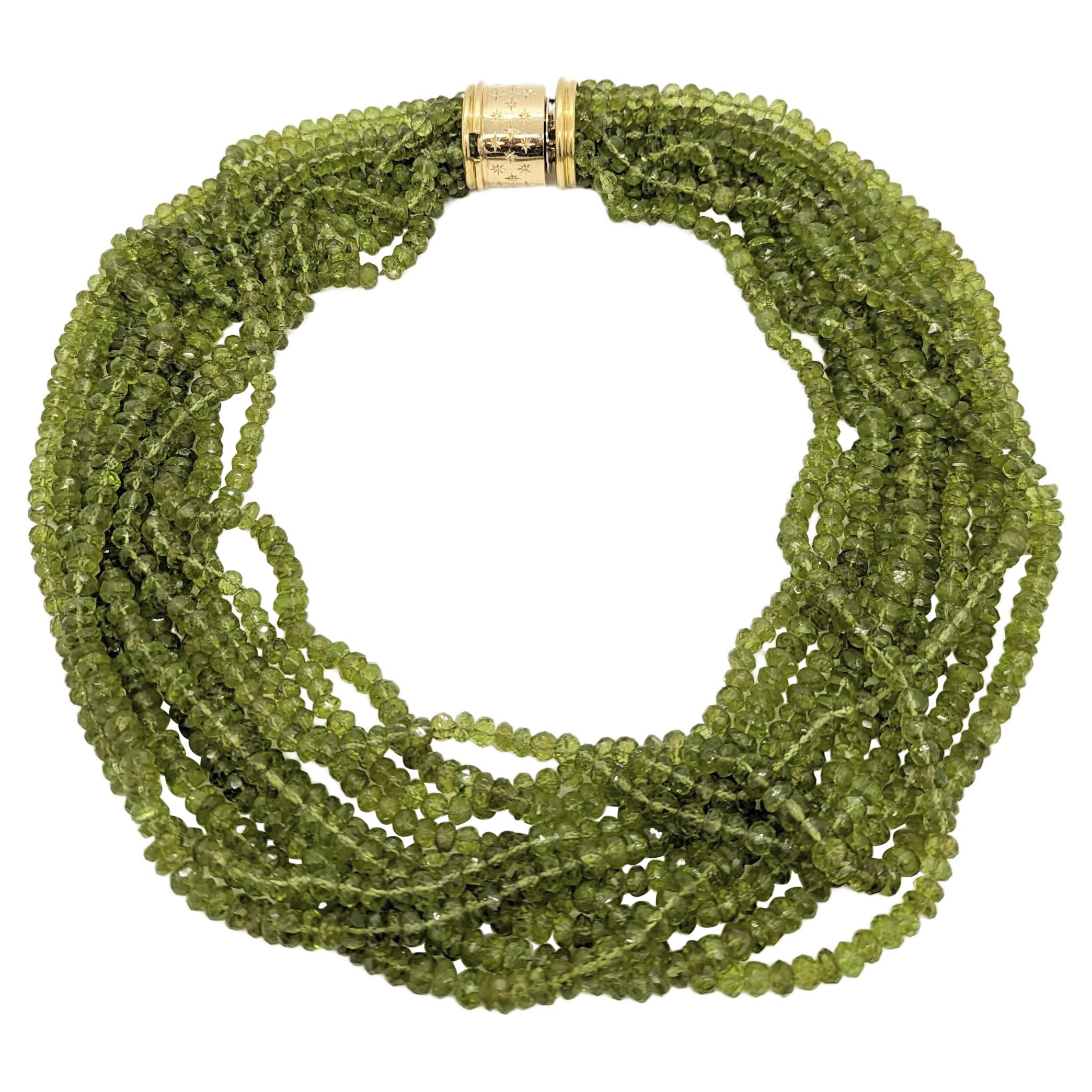 Peridot Perle Zehn Strang Halskette in 14K Gelbgold im Angebot