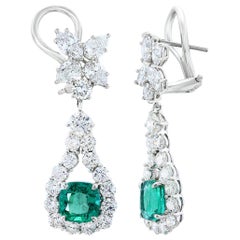4.62 Carat Cushion Cut Emerald and Diamond Drop Earrings in 18K White Gold