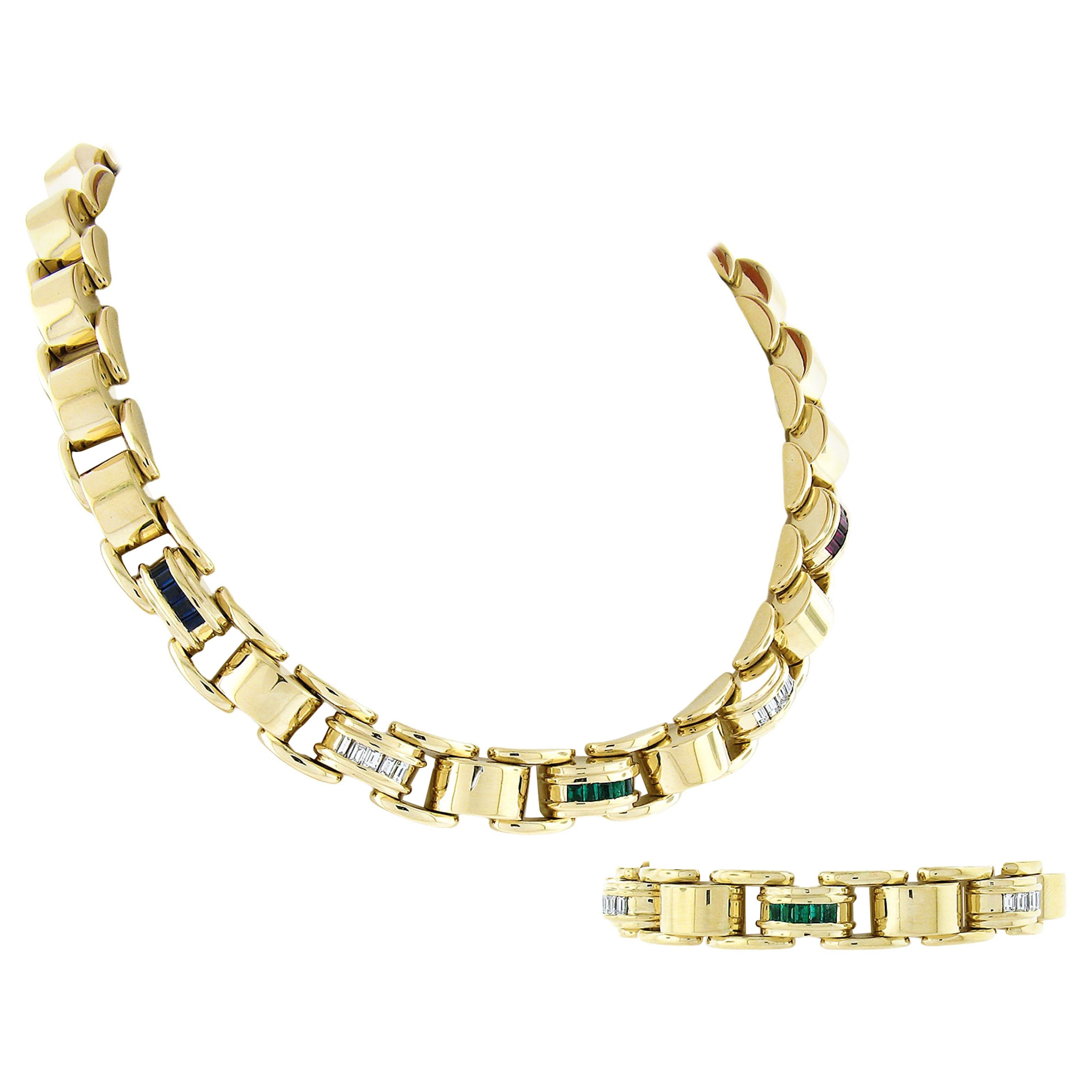 Vintage Tiffany & Co. 18k Gold Diamond Multi Gemstone Link Bracelet Necklace Set For Sale