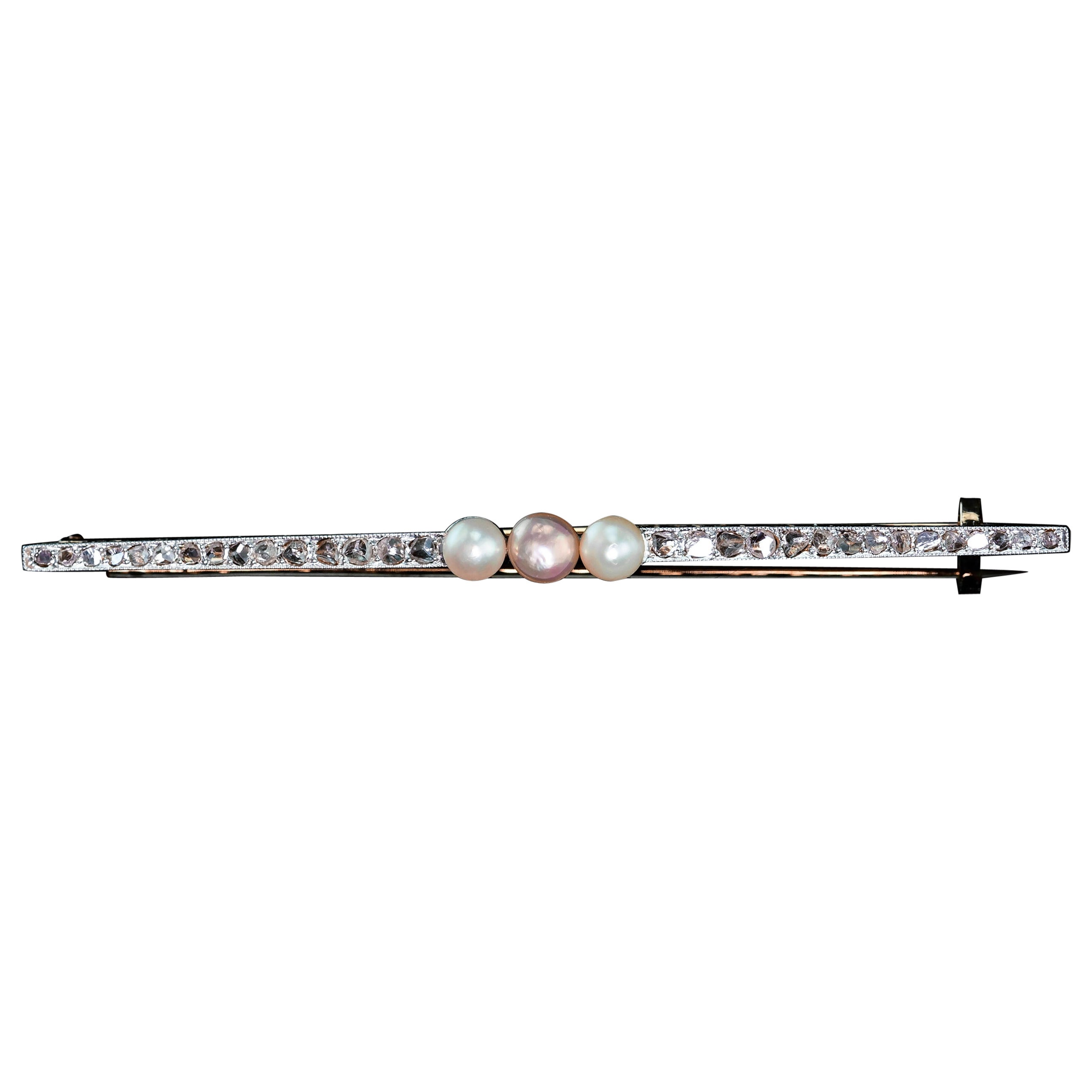 Antique 18ct Gold & Platinum Pink Pearl & Diamond Brooch - c.1920 For Sale