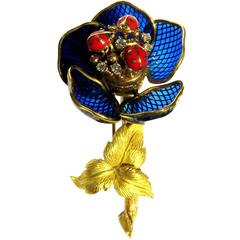 Vintage French Ladybug Plique a Jour Enamel En Tremblant Diamond Gold Pin