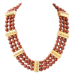 Vintage Selcuk Gold Plated Sterling & Triple Strand Carnelian Necklace