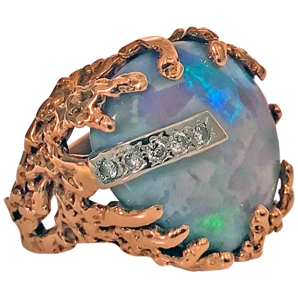1960's abstract Opal and Diamond vintage Ring