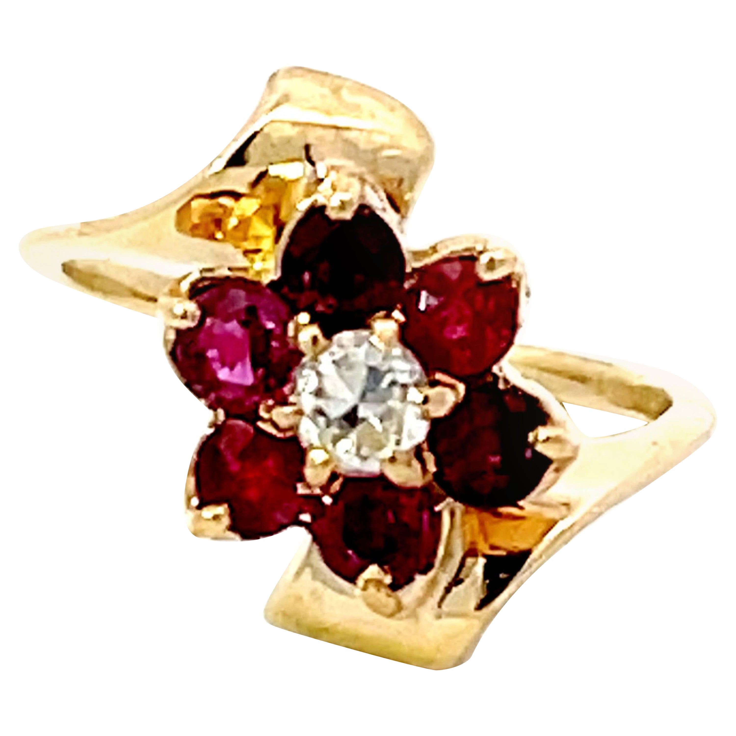 Ruby Flower and Diamond Center Ring in 14k Yellow Gold For Sale