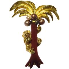 Signed Monkey Climbing Palm Tree With Diamond Eyes and Pearl Cocoanuts Brooch