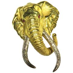 Joao Elephant Realistically Detailed Large Ruby Diamond Gold  Pin Pendant