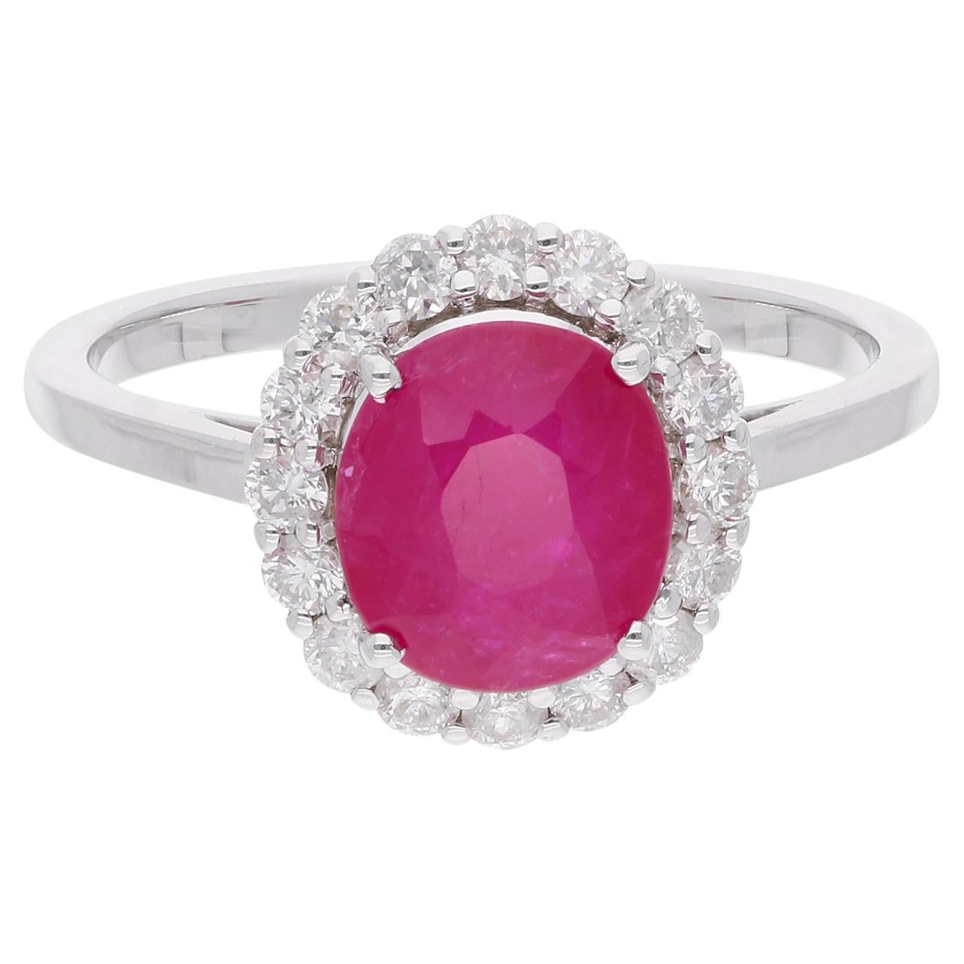 Natural Ruby Diamond Halo Engagement Ring 14 Karat White Gold Handmade Jewelry